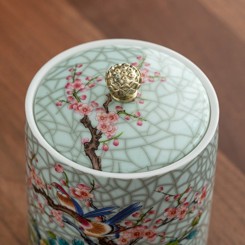Front view of porcelain tea storage canister on kitchen counter