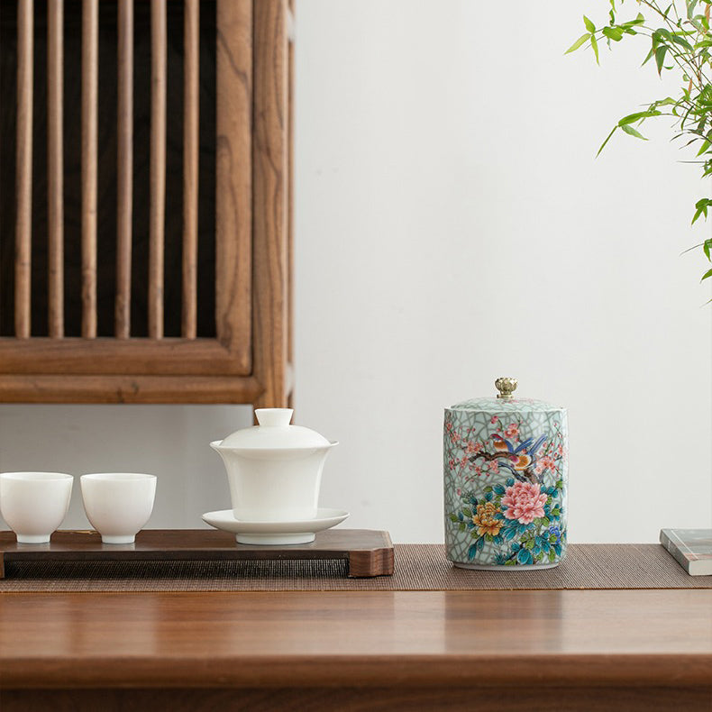 Close-up of Magpie Peach Blossom enamel porcelain tea caddy showing intricate design