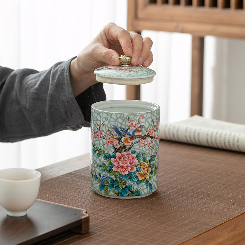 Front view of porcelain tea storage canister on kitchen counter