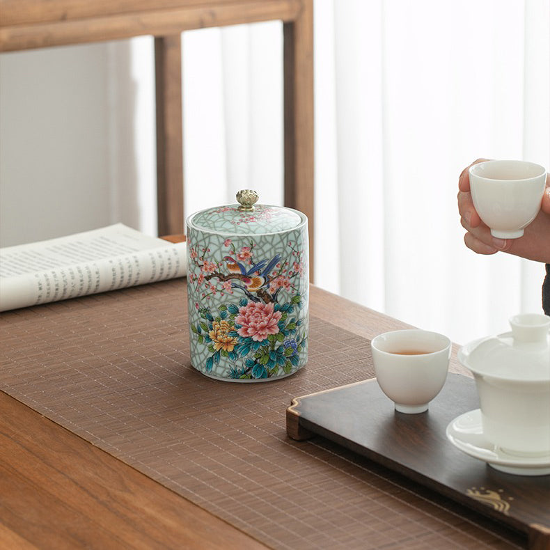 Close-up of Magpie Peach Blossom enamel porcelain tea caddy showing intricate design