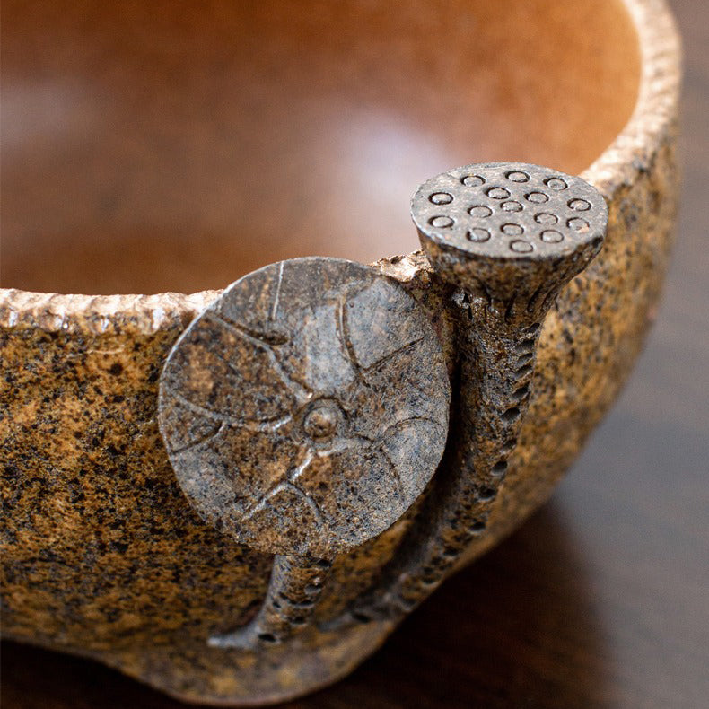Artisan Coarse Pottery Lotus Tea Washer from the side with tea cups inside