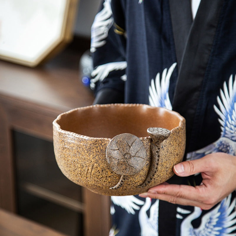 Artisan Coarse Pottery Lotus Tea Washer from the side with tea cups inside