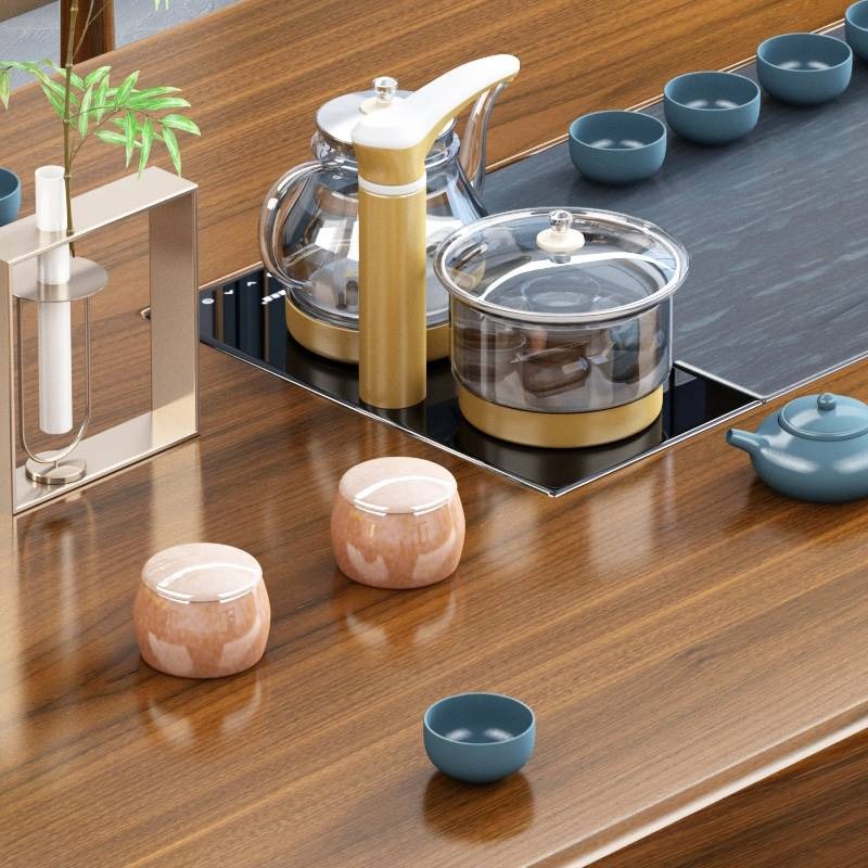 Elegant Chinese tea ceremony setup on a luxury wood tea table with chairs and automatic stove