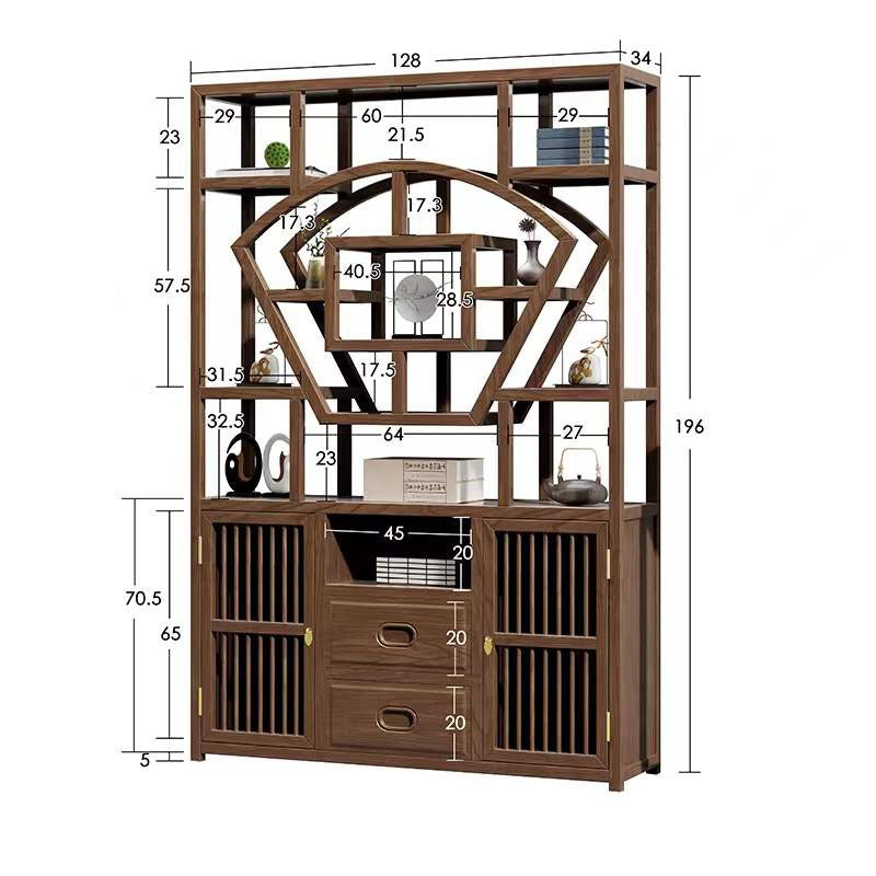 Interior of the wooden display cabinet with collectibles arranged on glass shelves