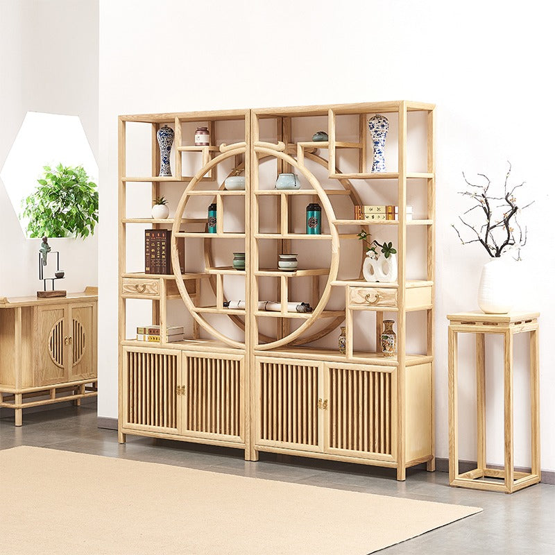 Rosewood curio display cabinet with multiple compartments and elegant copper pull tabs