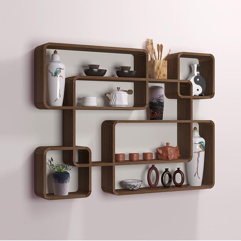 Close-up of the water-based varnish finish on the wall mounted curio shelf