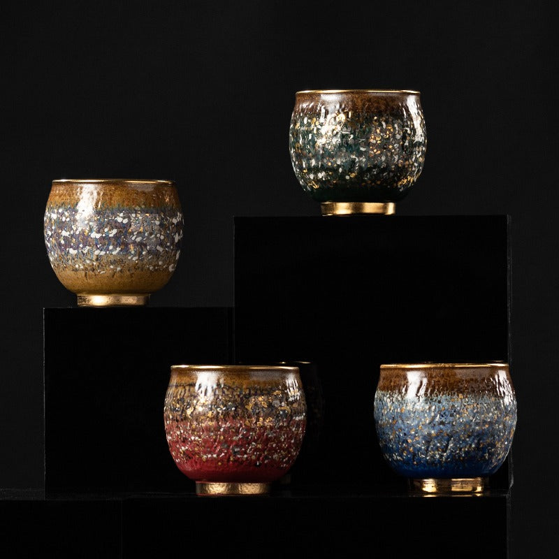 Close-up of the ceramic tea cup displaying its beautiful kiln glazing and colors.