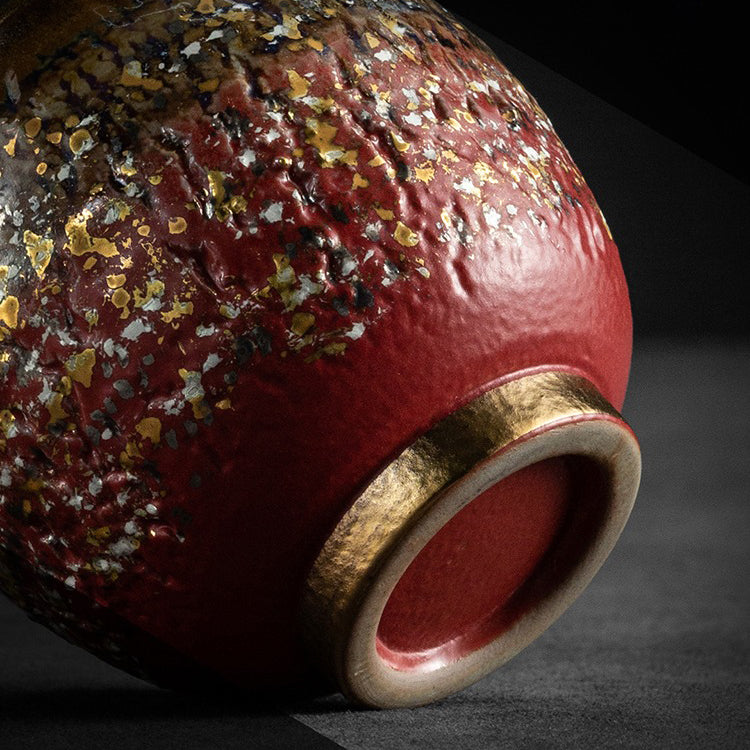 Close-up of the ceramic tea cup displaying its beautiful kiln glazing and colors.