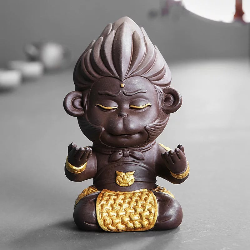Close-up of Sun WuKong Yixing clay tea pet with detailed carvings