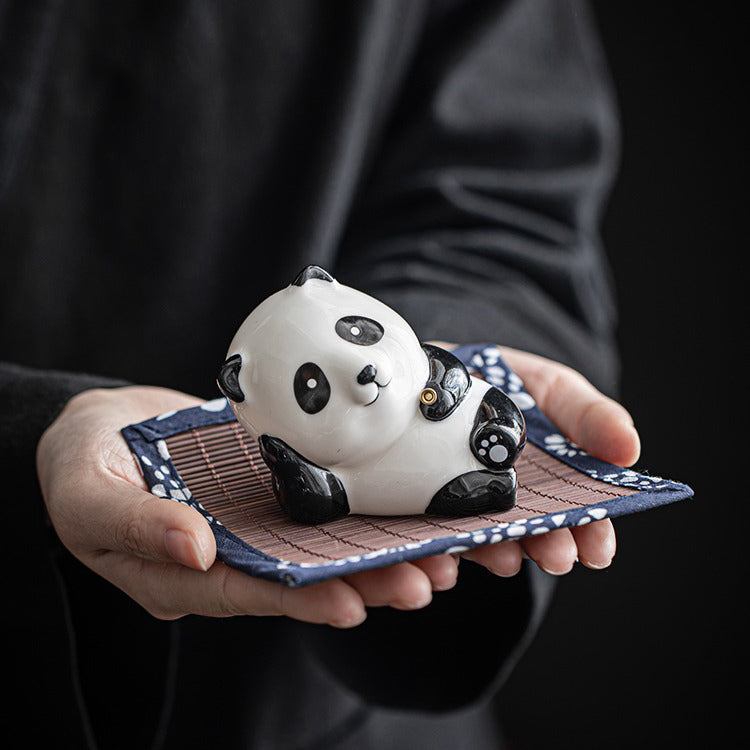 Porcelain panda tea pet lying flat with incense hole for traditional Chinese tea decor