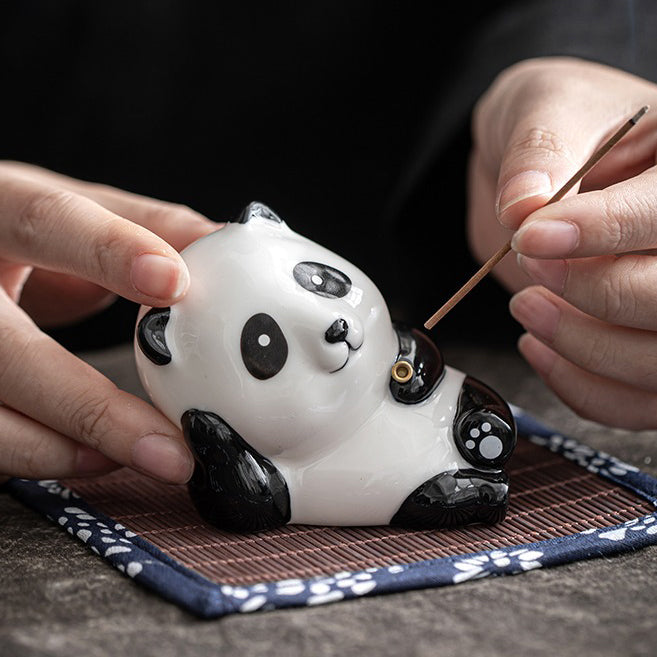 Porcelain panda tea pet lying flat with incense hole for traditional Chinese tea decor