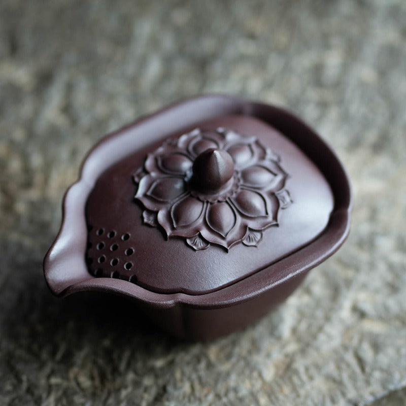 Handcrafted Yixing Yellow Clay Lotus Gaiwan Teapot, showcasing the unique eagle beak spout.