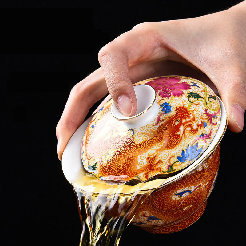 Gaiwan in use, demonstrating the unique brewing method for tea enthusiasts.