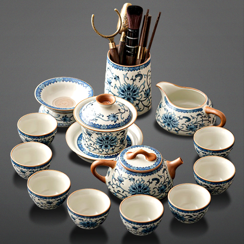 Close-up of blue and white ceramic teapot with crackle glaze and floral patterns