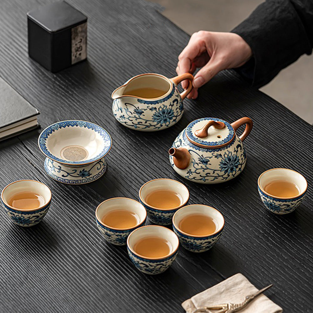 Full view of the traditional tea set arranged for tea ceremony, showcasing teapot, gaiwan, and cups