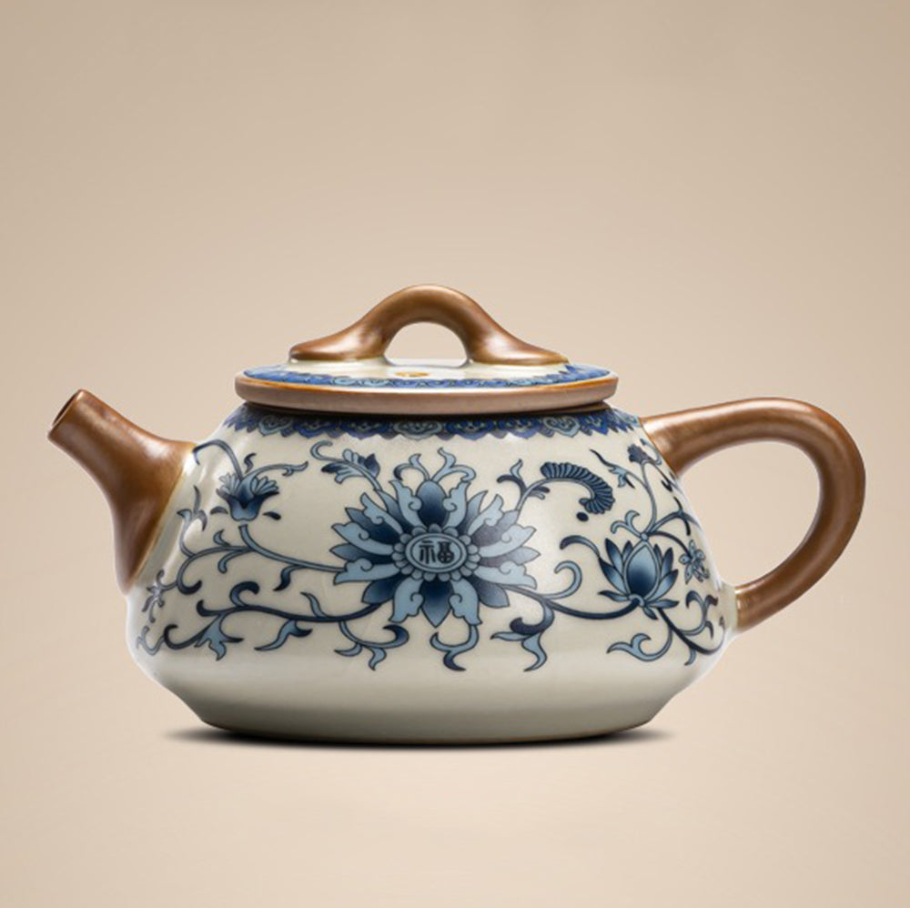Detailed shot of the intricate craftsmanship and glaze texture on the Ruyao tea ware