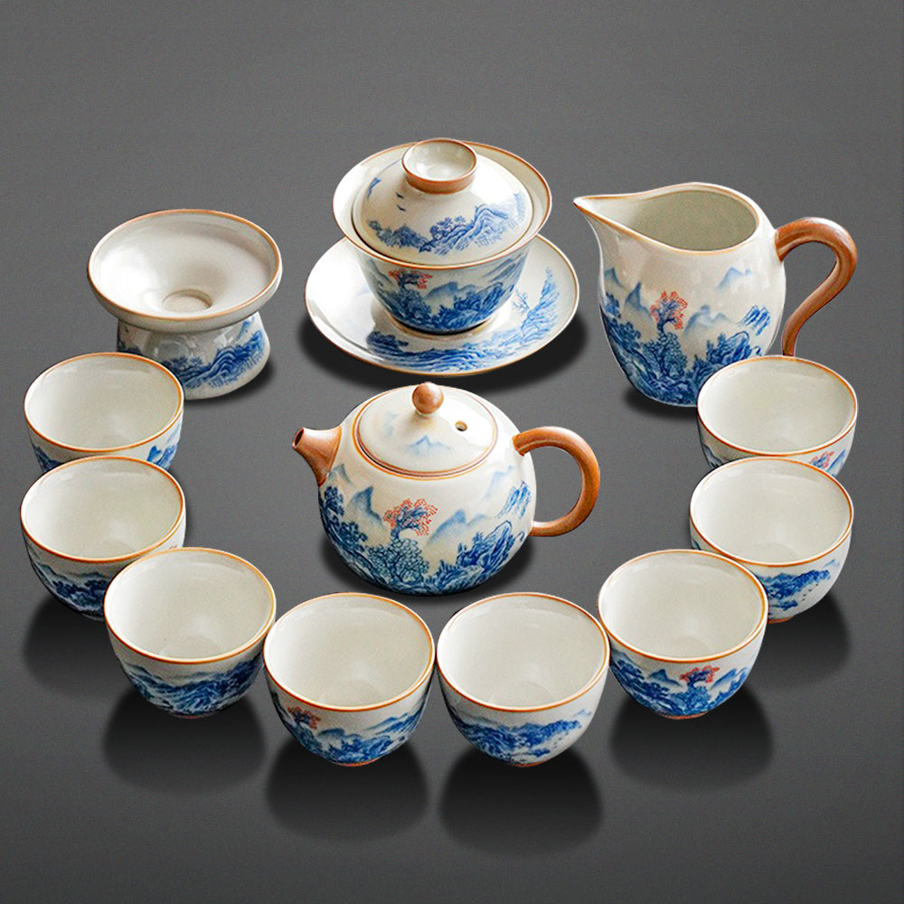 Top view of Ruyao porcelain tea set showcasing the cicada-wing glaze and fairyland landscape design