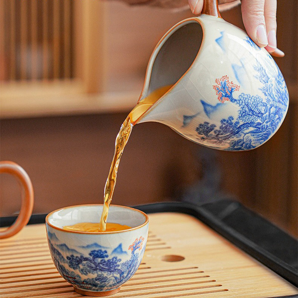 Top view of Ruyao porcelain tea set showcasing the cicada-wing glaze and fairyland landscape design
