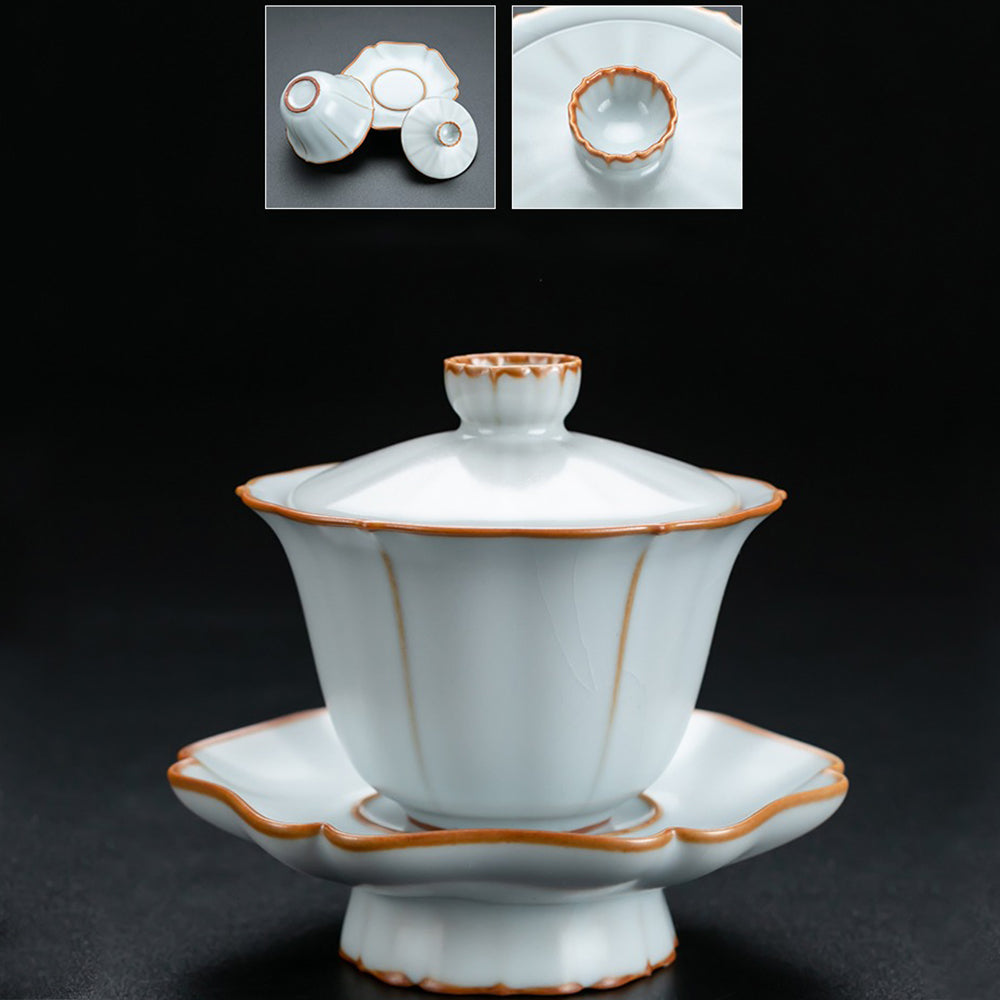 Tea brewing scene showing gaiwan and teacups with crackle pattern, emphasizing traditional craftsmanship and aesthetic appeal