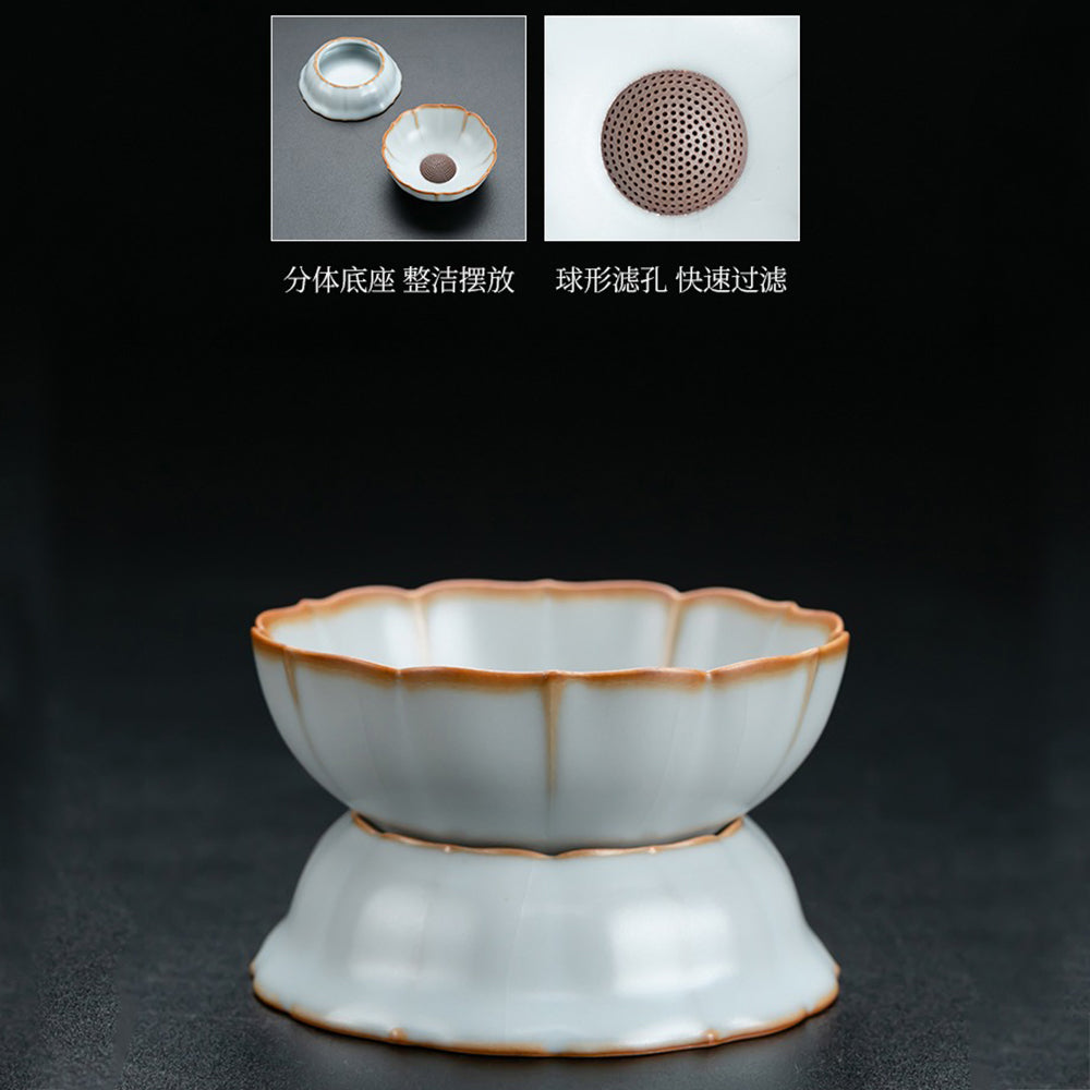 Close-up of handcrafted porcelain flower-shaped tea set with gaiwan and saucers, highlighting detailed craftsmanship