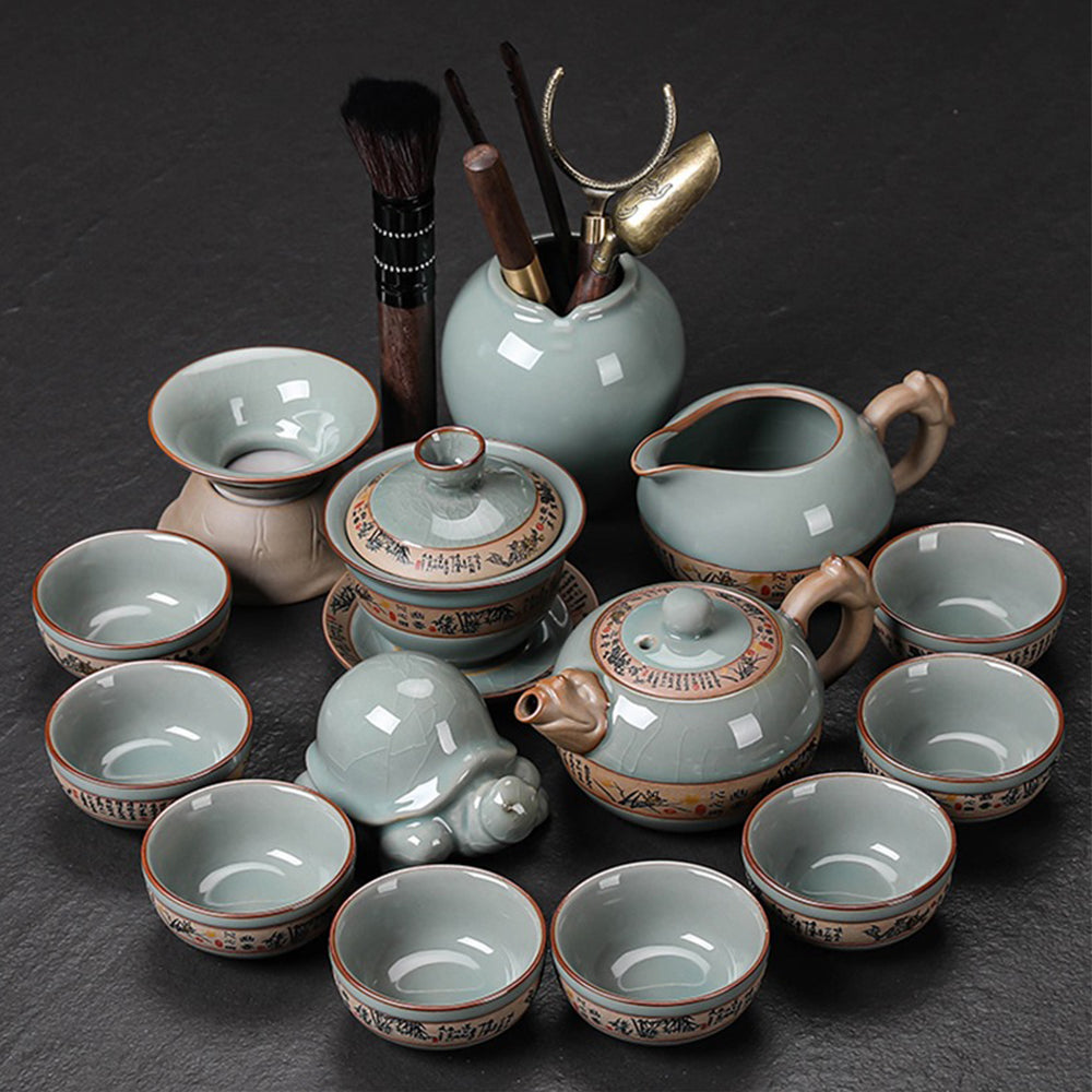 Close-up of ice crack Geyao tea set showing the delicate crack effect and hand painted bamboo pattern