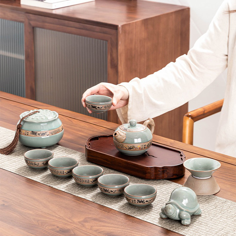 Complete ceramic tea set with teapot, cups, and accessories, perfect for gifting