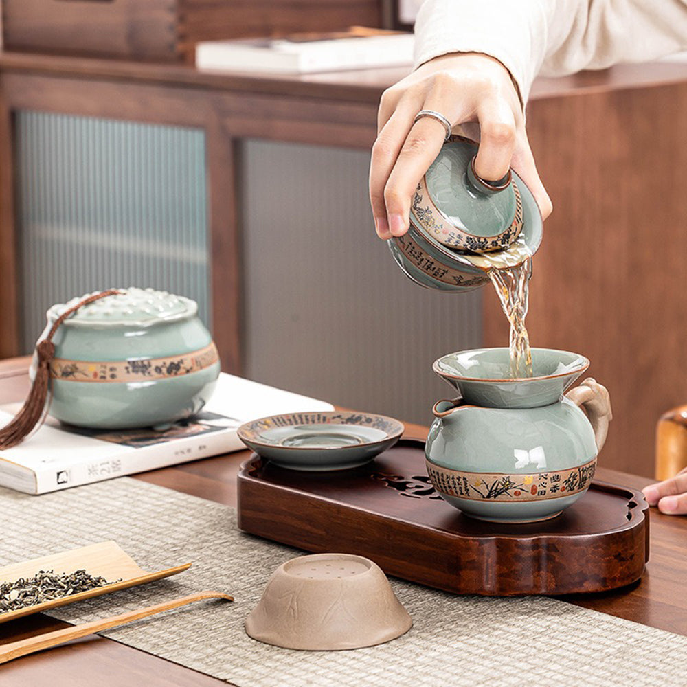 Tea set arranged on a wooden table, highlighting its craftsmanship and elegant design