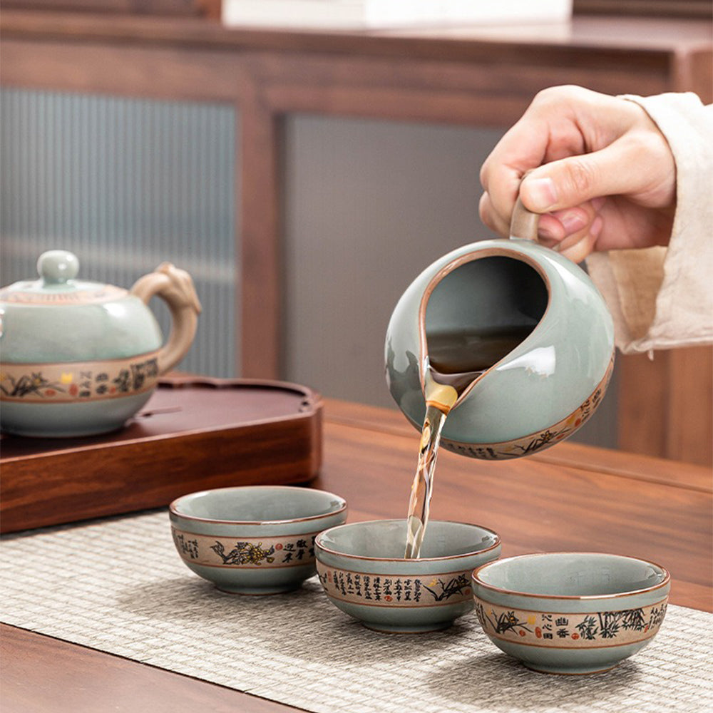 Close-up of ice crack Geyao tea set showing the delicate crack effect and hand painted bamboo pattern