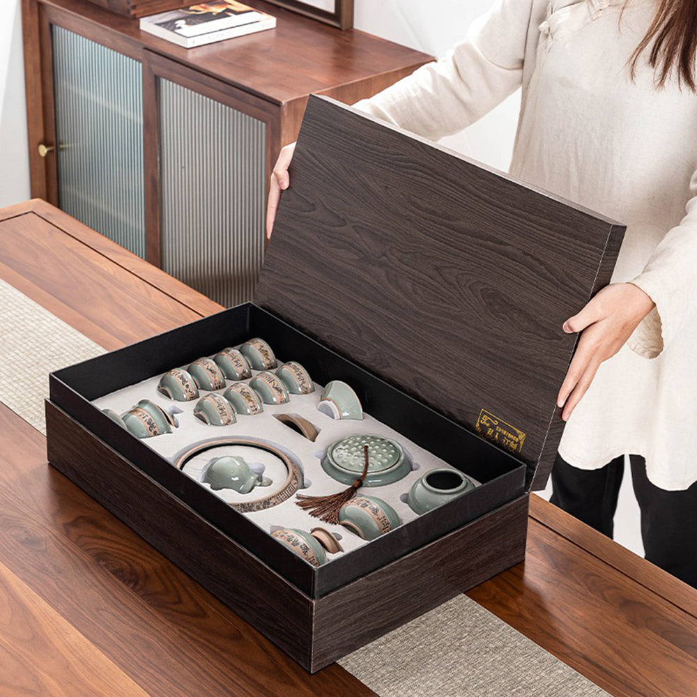 Tea set arranged on a wooden table, highlighting its craftsmanship and elegant design