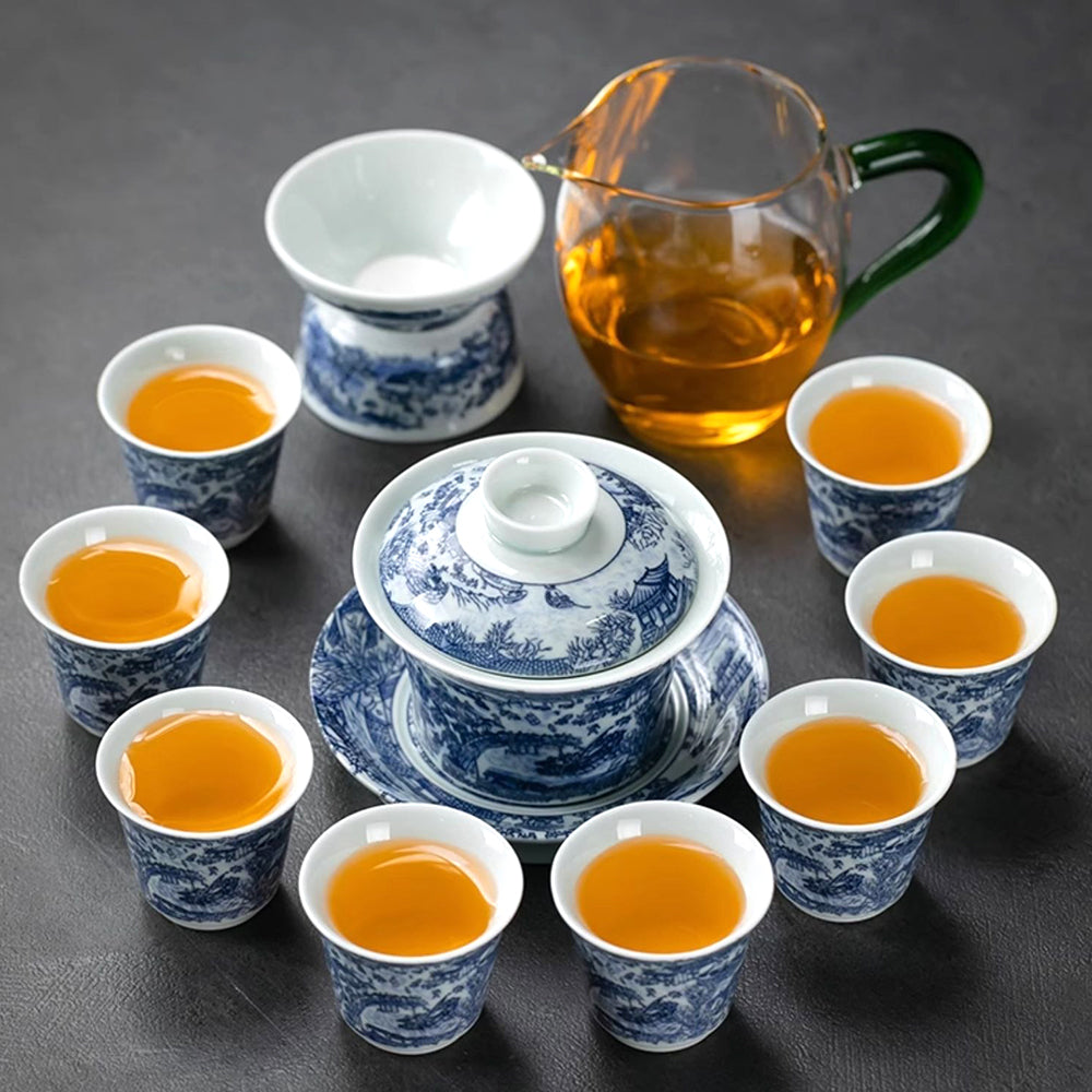 Vintage Chinese porcelain tea set featuring Qingming River Scene, with gaiwan and cups, ideal for tea ceremony and gift-giving