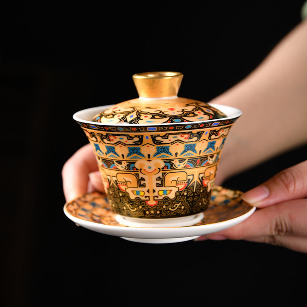 Tea brewing with high-quality porcelain gaiwan in a traditional setting