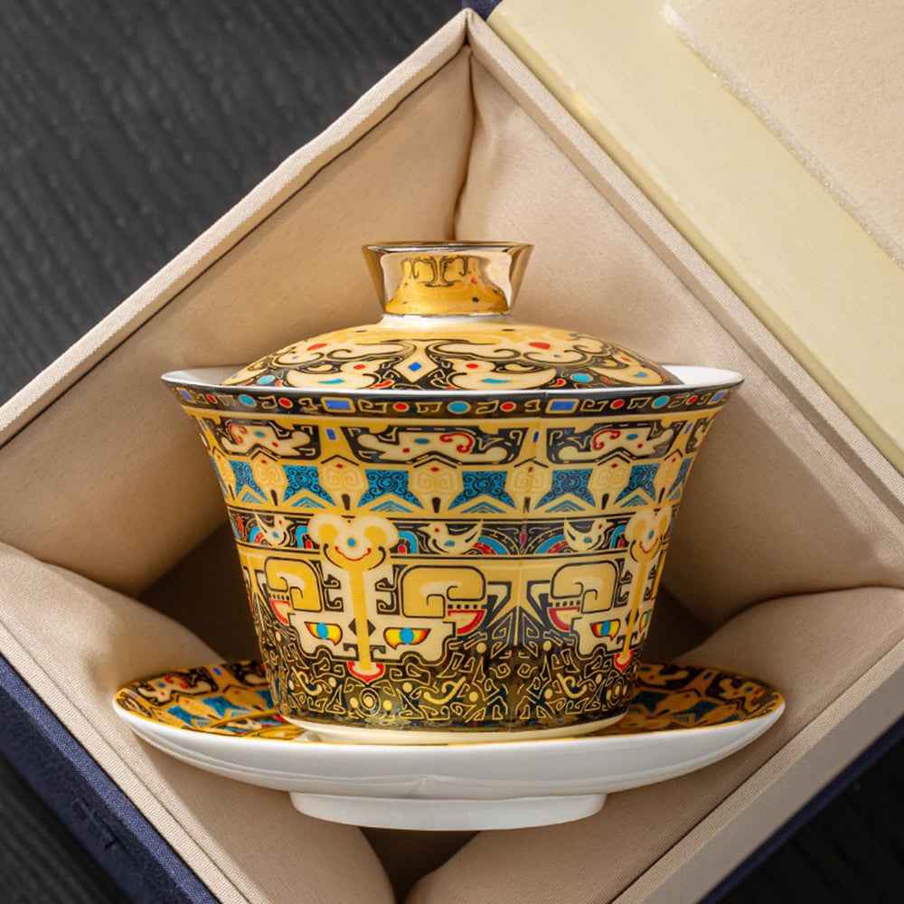 Tea brewing with high-quality porcelain gaiwan in a traditional setting