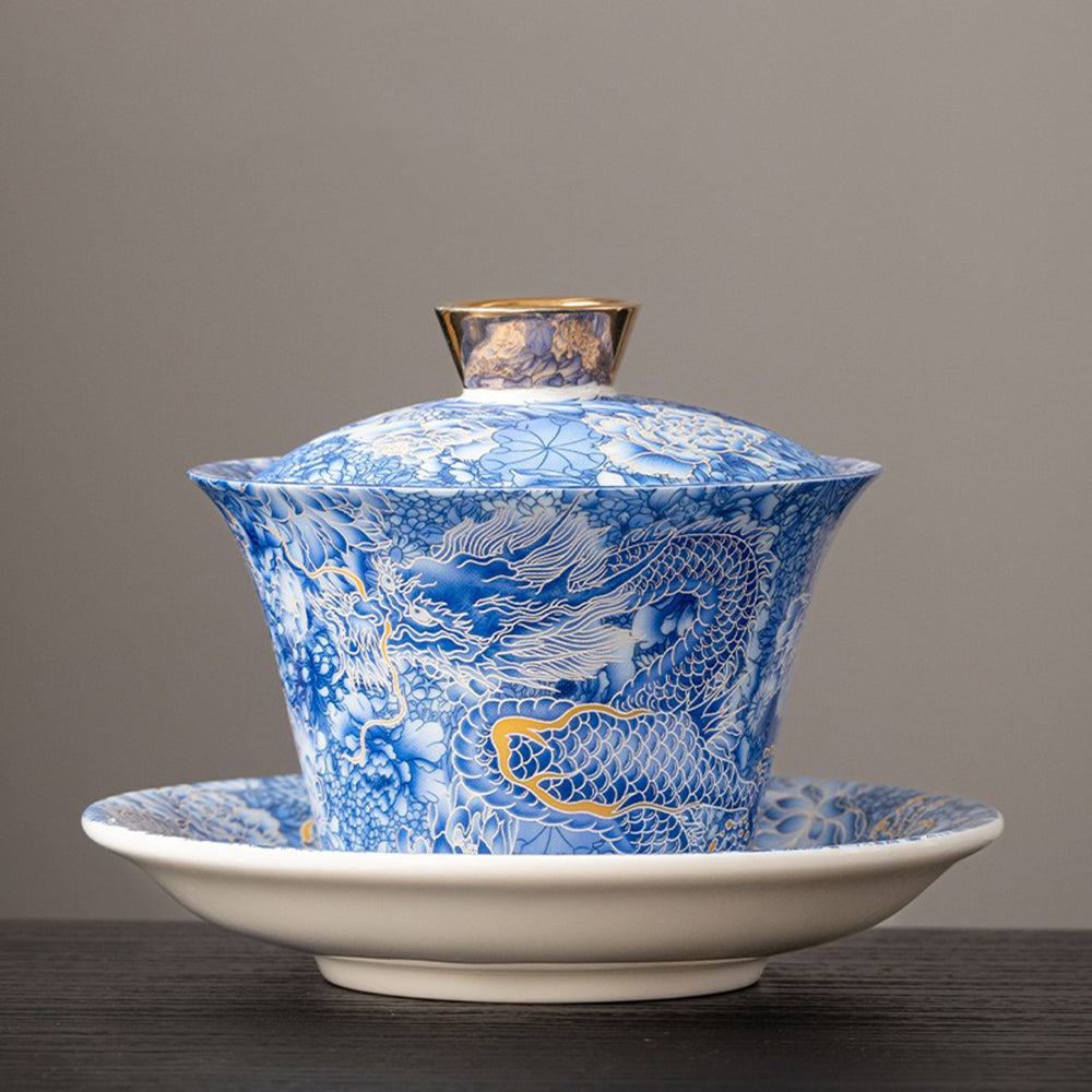 Close-up of Silver Dragon Enamel Porcelain Gaiwan highlighting the dragon pattern and smooth glaze