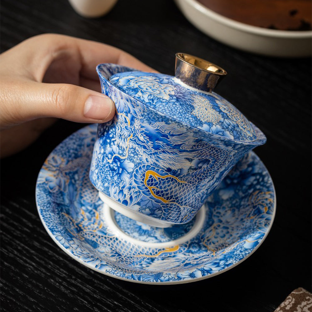 Close-up of Silver Dragon Enamel Porcelain Gaiwan highlighting the dragon pattern and smooth glaze