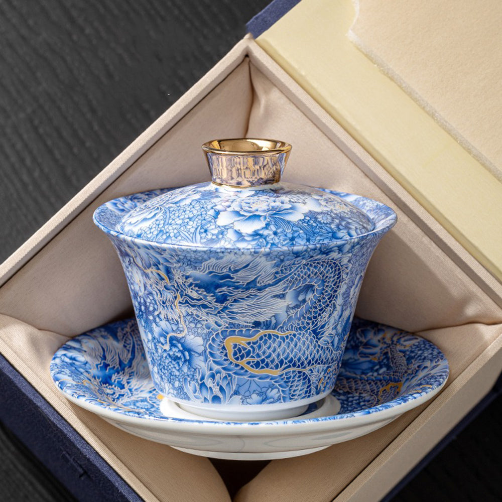Tea brewing with high quality gaiwan for tea lovers, showcasing the lid hovering over the rim