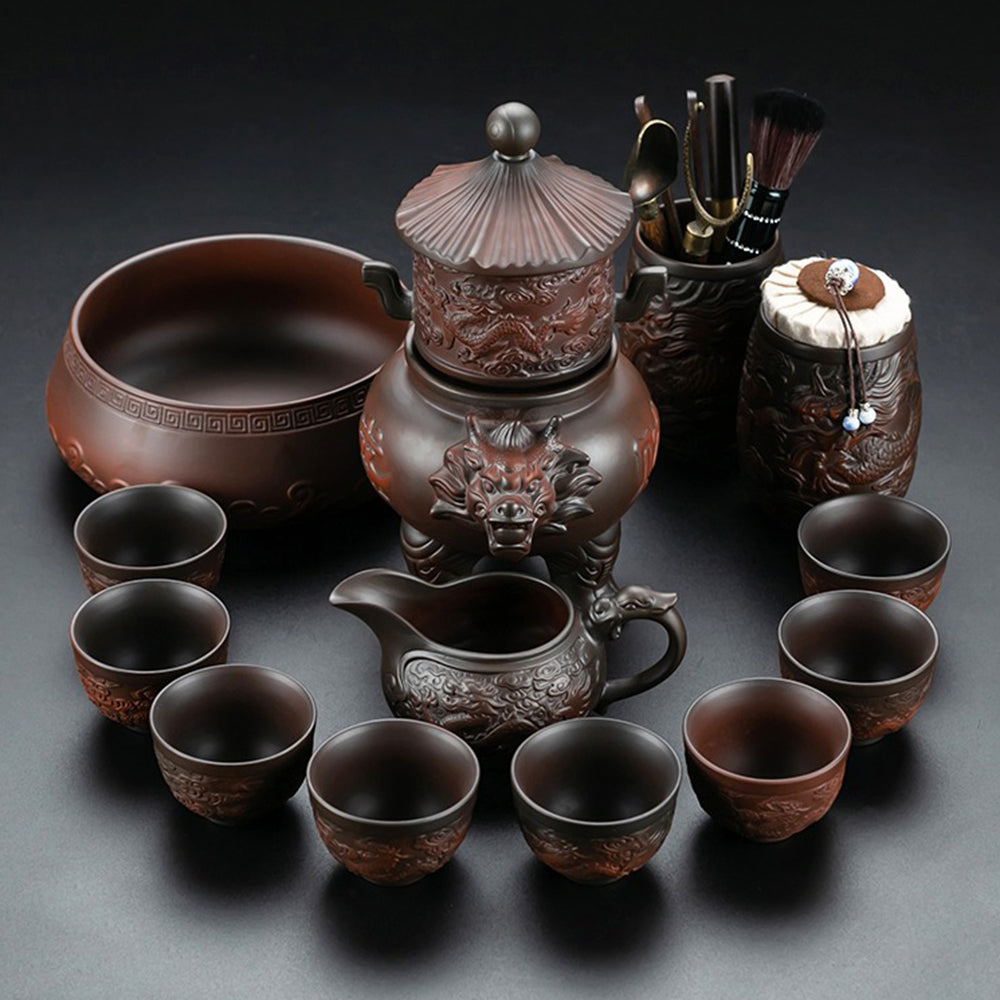 Majestic Dragon Purple Pottery Automatic Tea Set showcasing intricate design and craftsmanship.