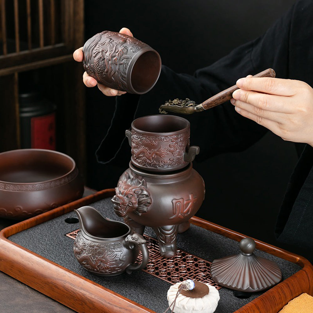 Majestic Dragon Purple Pottery Automatic Tea Set showcasing intricate design and craftsmanship.