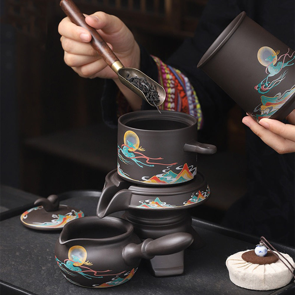 Automatic tea set in action, pouring tea effortlessly into a fair cup.