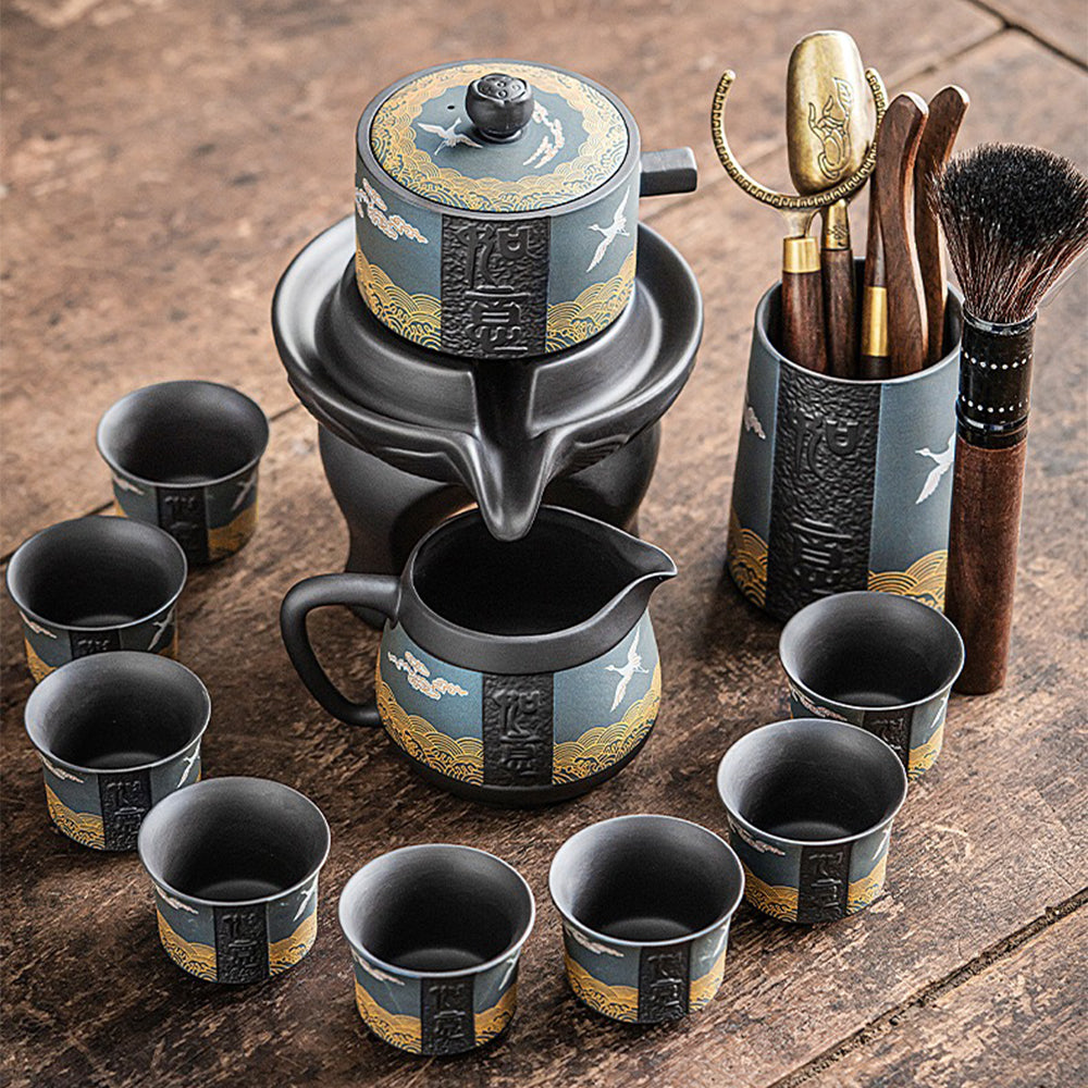 Set of eight tea cups with slip-resistant surface, arranged for serving guests