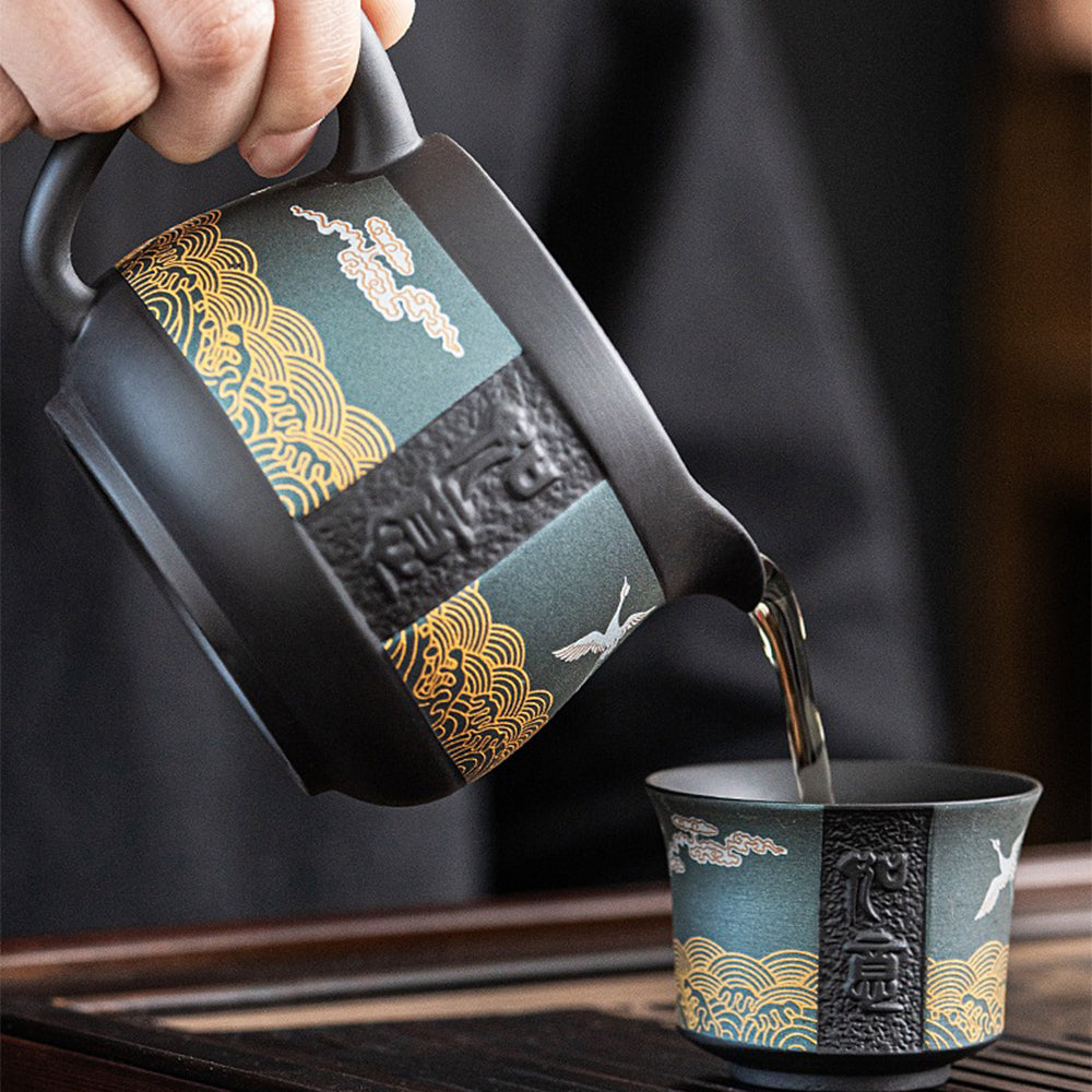 Automatic tea maker in action, filtering tea into the fair cup with ease