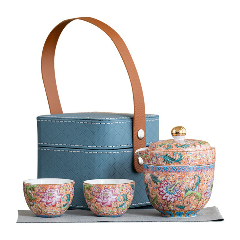 Portable travel tea set featuring a teapot, cups, and waterproof leather bag for easy transport
