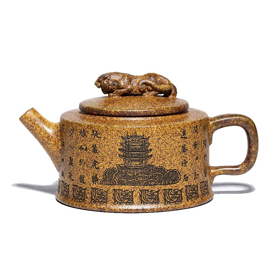 Front view of vintage-style Yixing Duan Ni teapot with traditional Chinese design