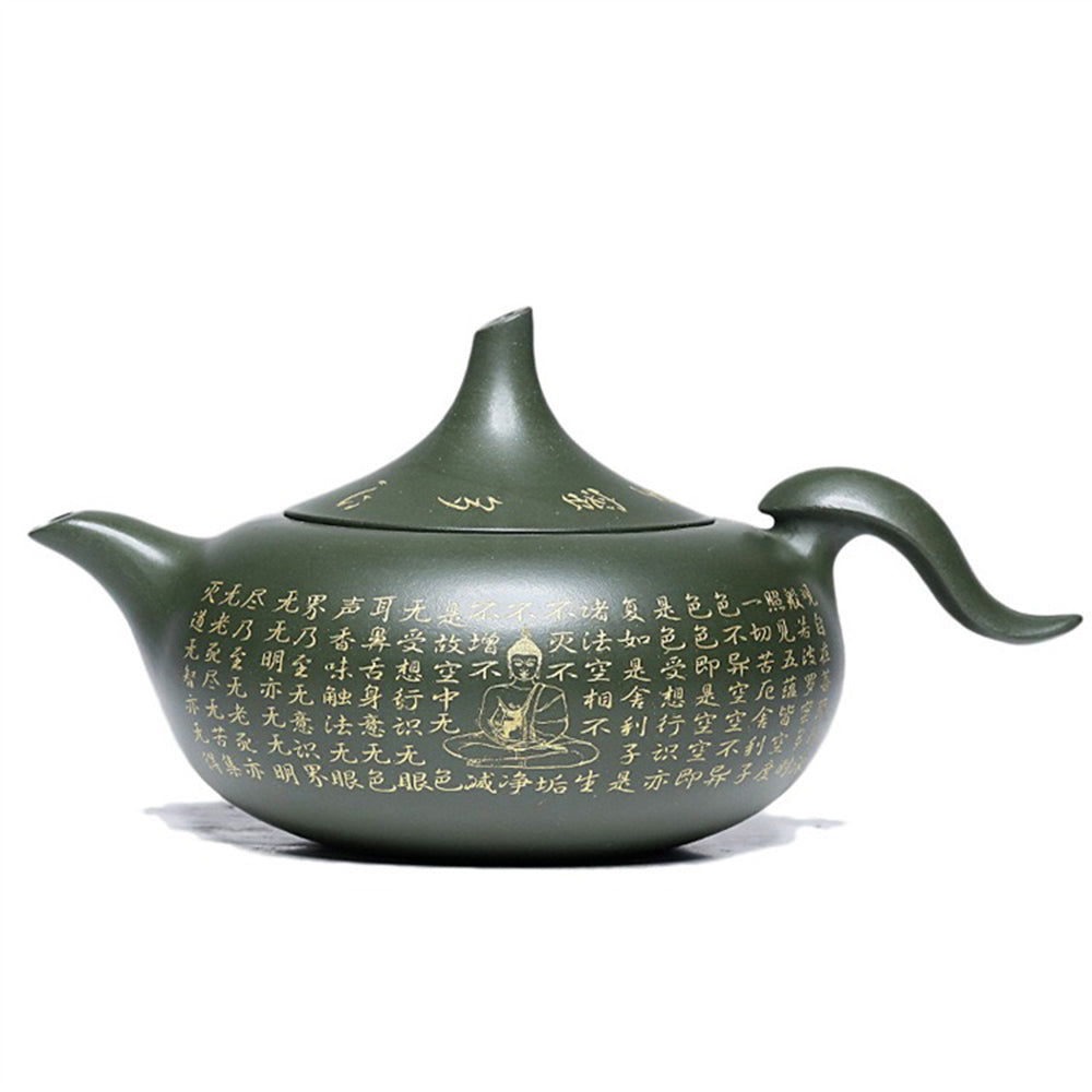 Front view of a hand-painted Yixing green clay scriptures teapot highlighting its artistic design