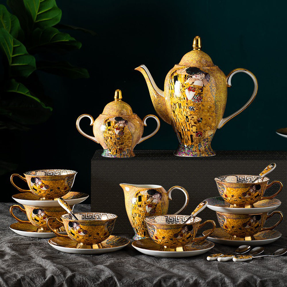 Close-up of the luxurious bone china tea set with gold detailing, ideal for elegant afternoon tea.