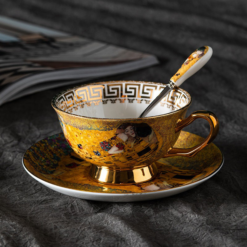 High-quality bone china teapot and creamer with artistic European painting and golden accents.