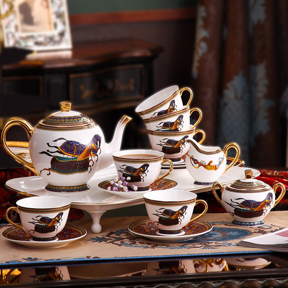 Elegant horse tea set showcasing gold accents and vibrant colors.
