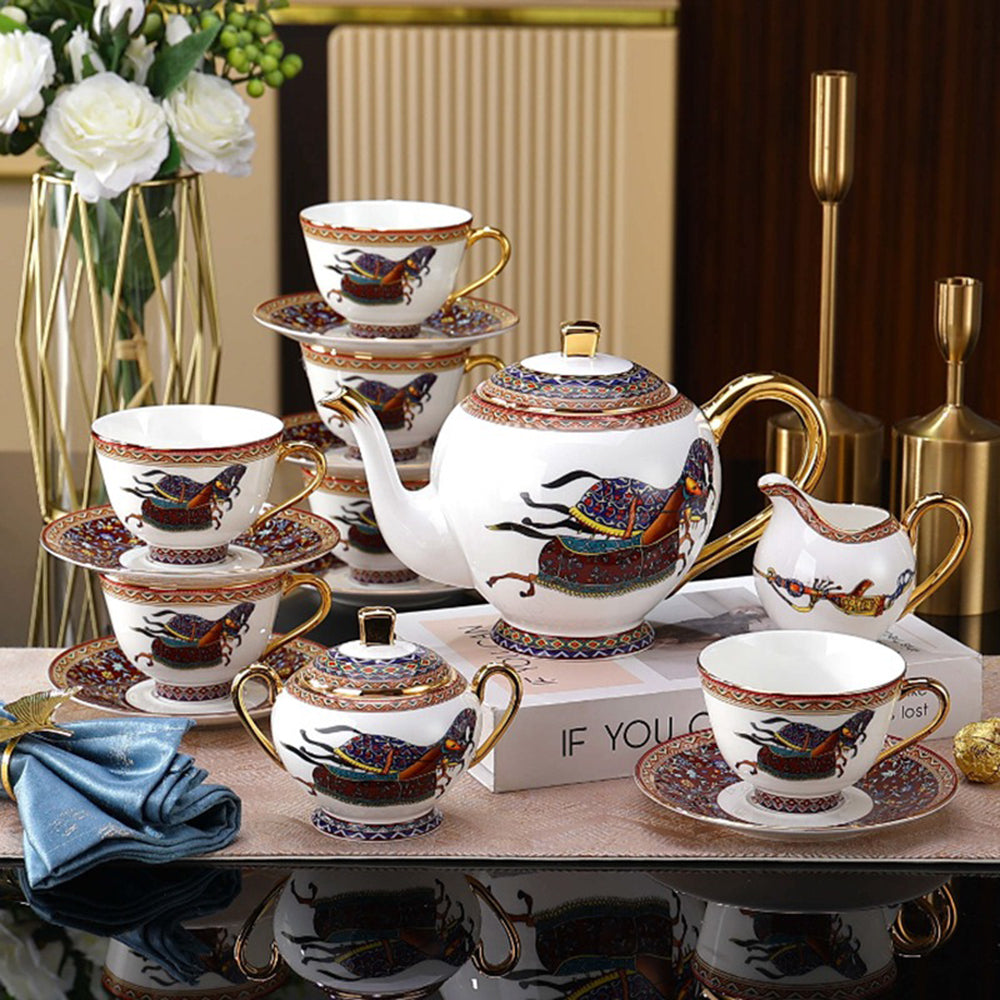 Durable luxury bone china tea set on a dining table, perfect for afternoon tea.