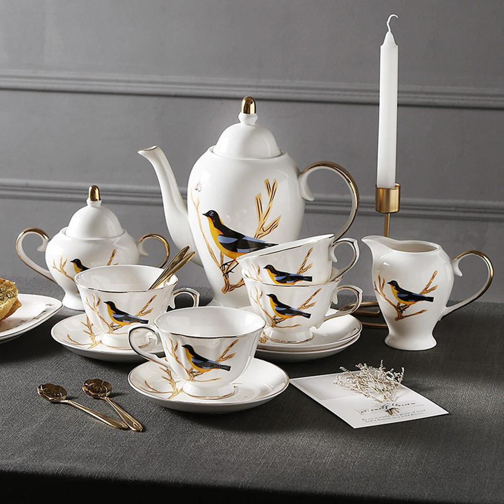 Elegant British bone china tea set with magpie design, ideal for tea parties.