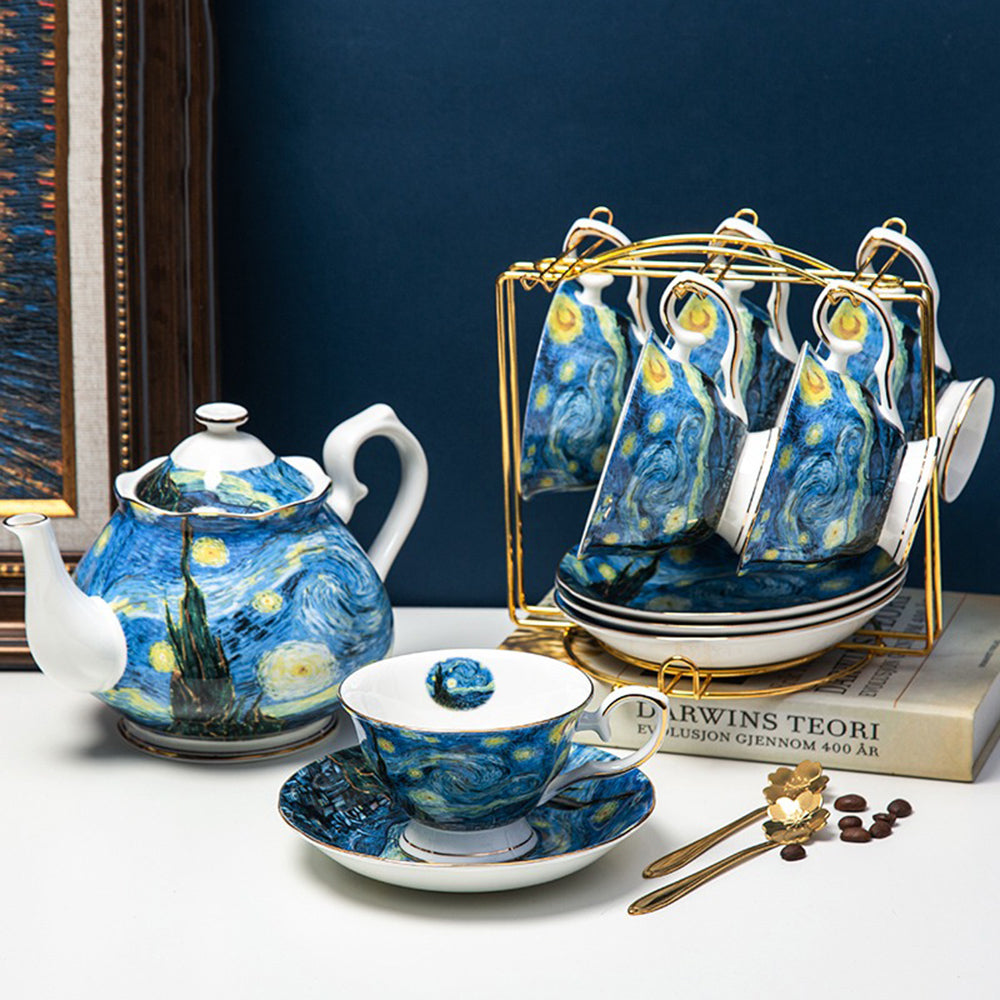 Close-up of the Van Gogh The Starry Night bone china teapot with gold rim detailing