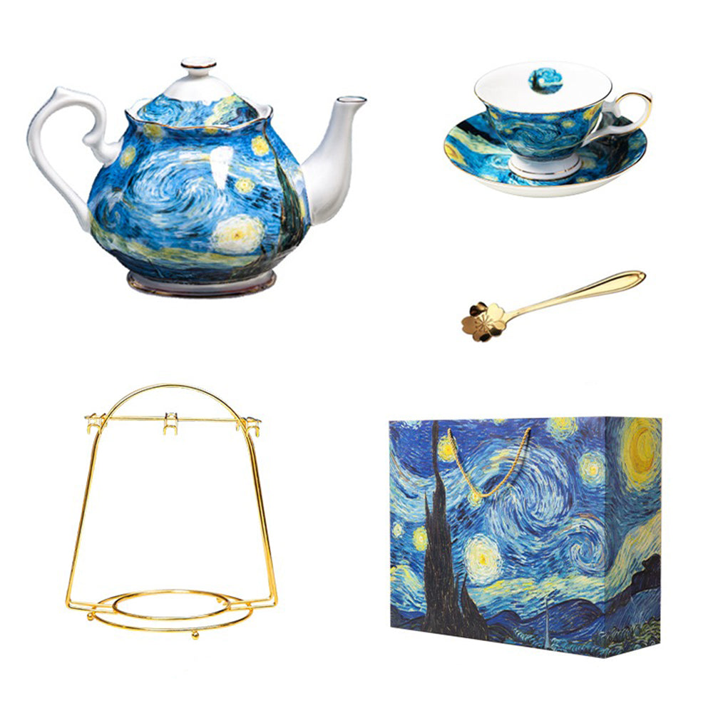 Close-up of the Van Gogh The Starry Night bone china teapot with gold rim detailing